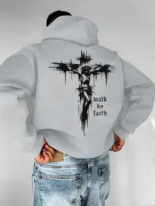 Unisex Loose Hooded Drawstring Sweatshirt, Street Style Fleece Lined Warm Back Print Pullover, Casual Fall Winter Fashion