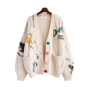 Fashionable Lazy Wind Embroidered Sweater Women's Autumn Winter 2025 New Letter Design Sense Loose Knit Sweater Jacket Women's Chunky Knit Cardigan Casual Knitwear fall sweaters