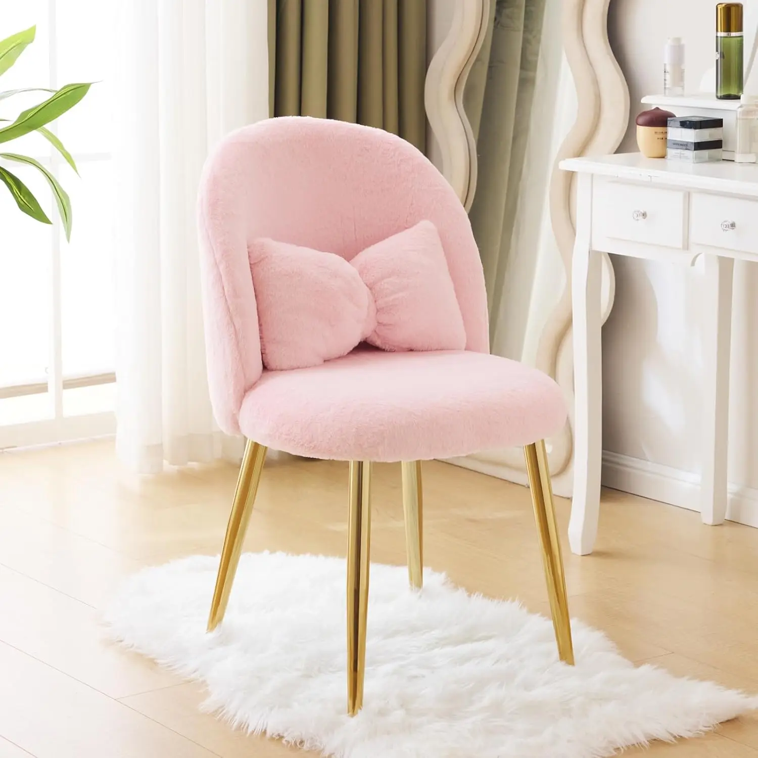 VINGLI Plush Rabbit Fur Relax Armchair - Vanity Aesthetic, Velvet Soft, Cute Decorative, Furniture-Style, Mini Chair Armchairs, Bow Cushion, Curved Back, No Armrests, for Living Room, Bedroom, 55x48x78.5 cm, Vanity Aesthetic Armchairs
