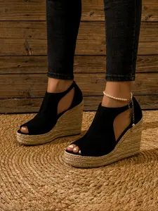 Women's Fashionable Espadrille Peep Toe Wedge Sandals, Casual Hollow Out Design Buckle Decor Flatform Shoes For Beach Party Vacation, Fashion Shoes For Party, Daily Clothing Decor