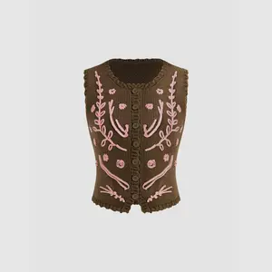 Cider [size 2-26] Knit Round Neckline Floral & Leaf Button Vest