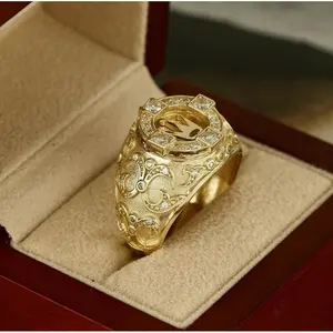 Men’s 18K Gold Plated Crown Ring, European & American Retro Style, Carved Design with Full Diamond Setting — Christmas Gift
