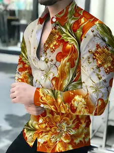 Men's Summer Vibrant Tropical Floral Pattern Collared Long Sleeve Shirt