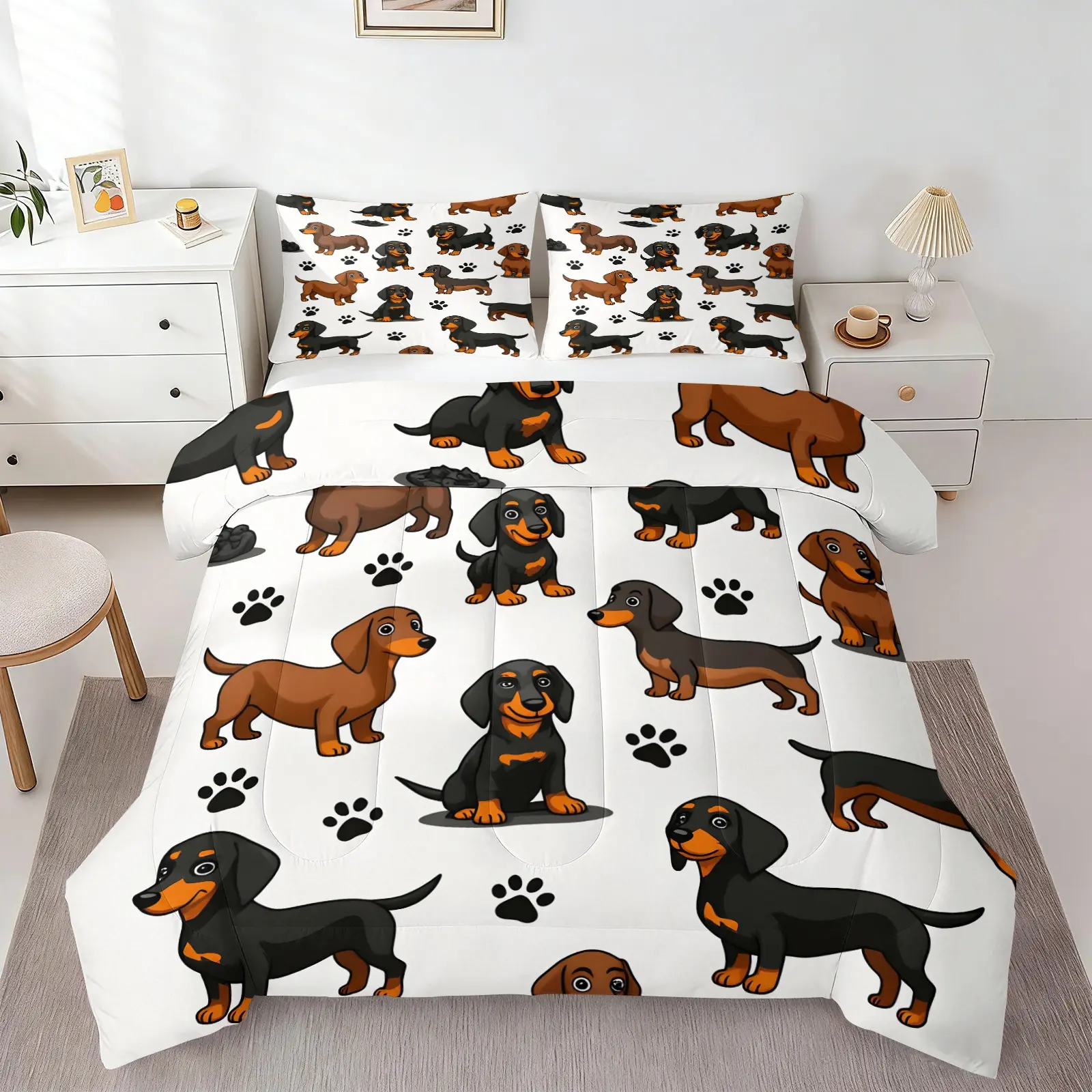 2/3Pcs Cute Dachshund Dog Comforter Set, Cartoon Wiener Dog Quilt Bedding with Pillowcases, Paw Print Puppy Design, Soft Warm Bedspread, Perfect for Dog Lovers & Kids’ Bedrooms