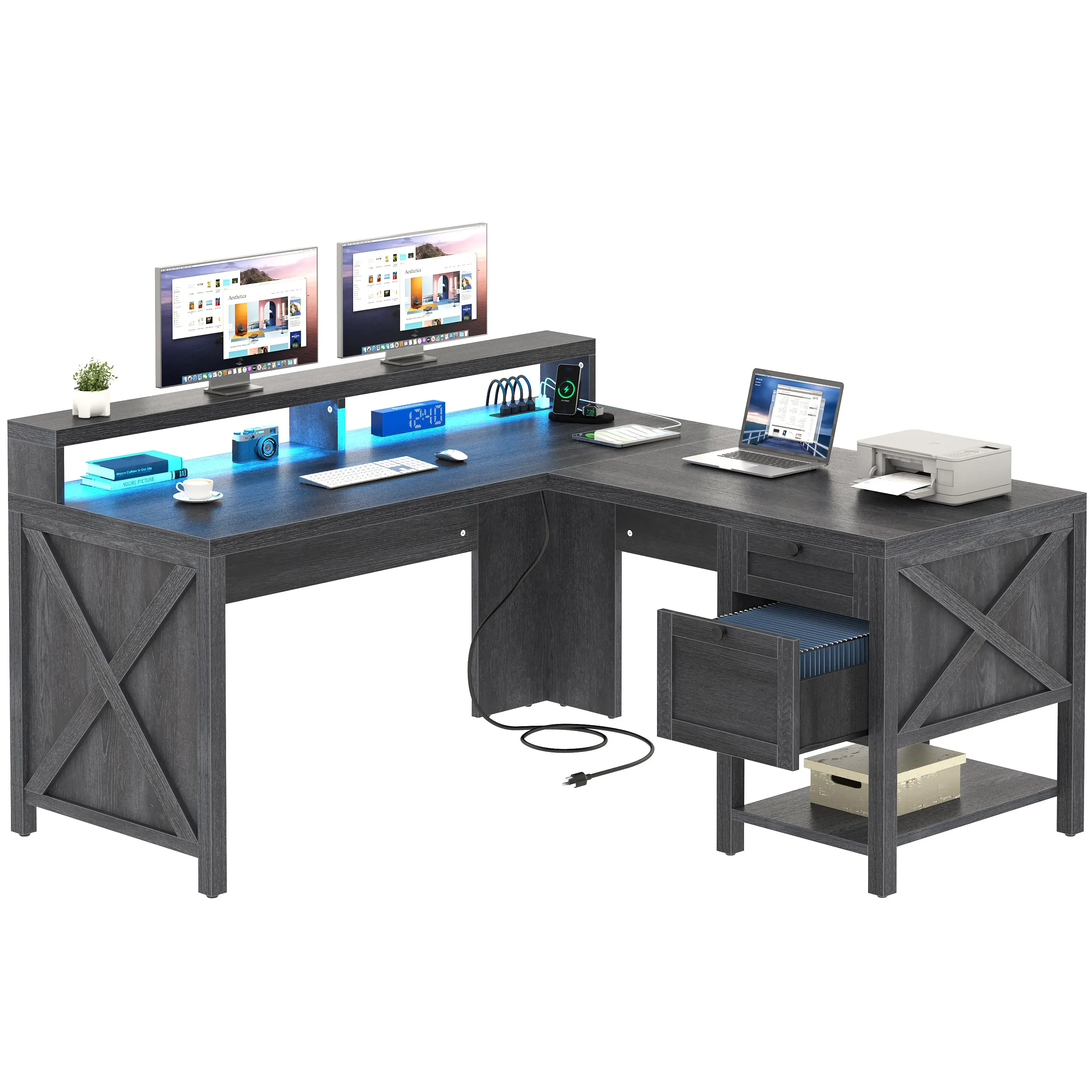 Yitahome L Shaped Desk with Power Outlets LED Lights 60” Wood Computer Desk w/File Drawer