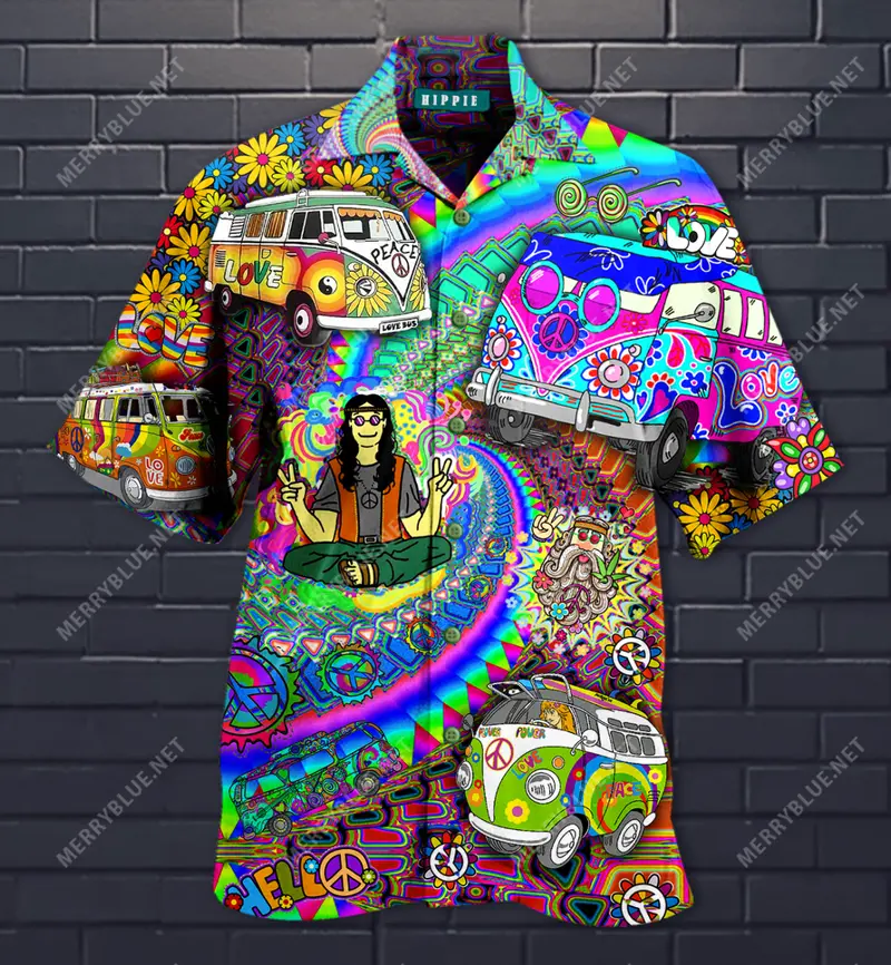 Love Hippie Forever Hawaiian Shirt Casual Tropical Short Sleeve Button Down Shirt Menswear Top