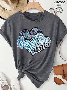 Women's Casual Short-Sleeve Crew Neck T-Shirt, Paisley & Chevron Hearts with "Love" Slogan Print, Multiple Colors Available, Machine Washable, Spring & Summer Top, Soft Skin-Friendly Fabric, Daily Versatile, Fashion Design