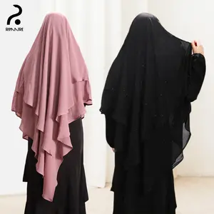 RIMAIRE Luxury Muslim Prayer Hijab 2 Layers Soft Breathable Diamonds Khimars Premium Chiffon Ruffled khimar for Girls Two-Layer tiktok Lightweight Set Scarf Casual Black Women