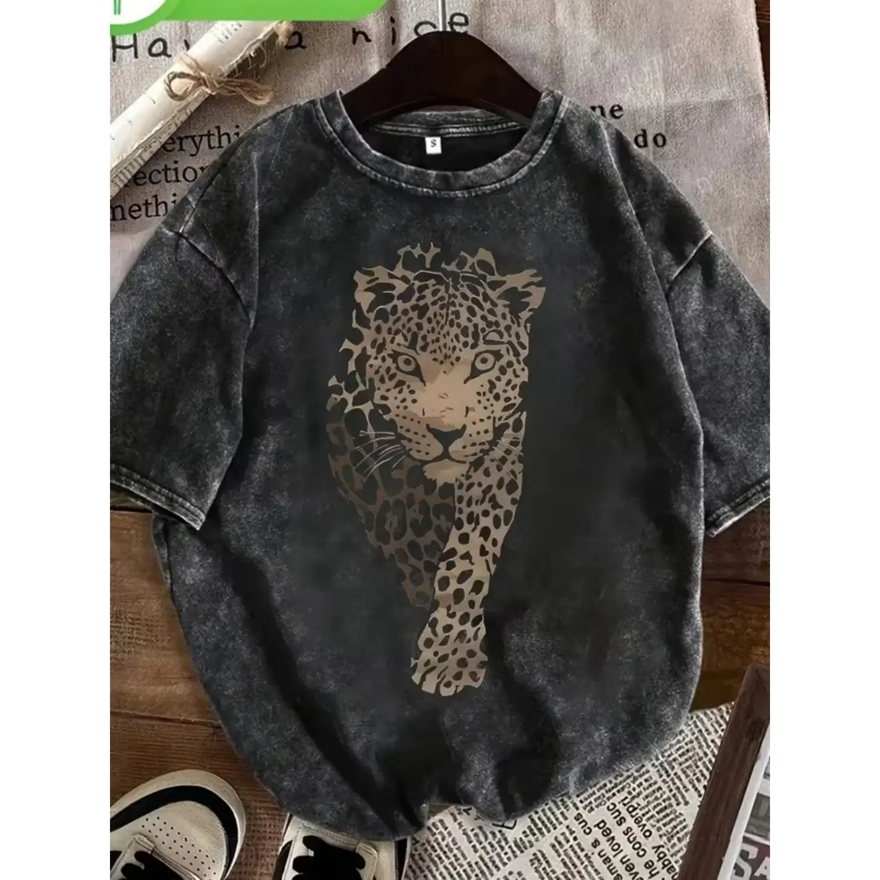 Women's Vintage Leopard Print Short Sleeve Graphic T-Shirt - Soft Washed Heavyweight Pure Cotton, Loose Fit, Comfortable, Machine Washable, All-Seasons Casual Beach Apparel with Heat Transfer Graphic Print