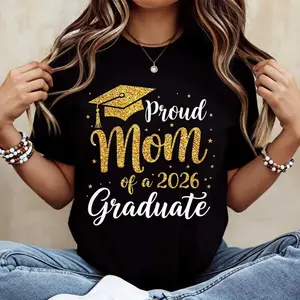 Lady's White Matching Short-Sleeve Comfortable Crewneck T-Shirt, Mom of a 2026 Graduate Graduation Cap Print Top for Mother's Graduation Celebration (Sports & Outdoor Clothing)