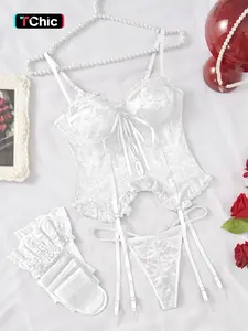 Co-ord sets for Women's Sexy Lace Fitted Doll Lingerie Set, Wrinkle Design, Polyester Elastane Spandex Blend, Solid Color, Bow Belt Pantsuit, All Seasons Wear
