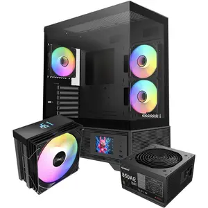 i803 Panoramic LCD Gaming PC Case Series, Includes 650W 80+  SI PSU & Digital Temp Display ARGB Air Cooler, High Airflow, Supports 400mm GPU & 360mm AIO (Bundle)