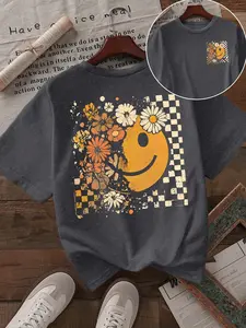 Women's Casual Floral Theme Autumn Smiley Face T-Shirt, Pumpkin Graphic Tee, Bohemian Style, All Seasons Fashion