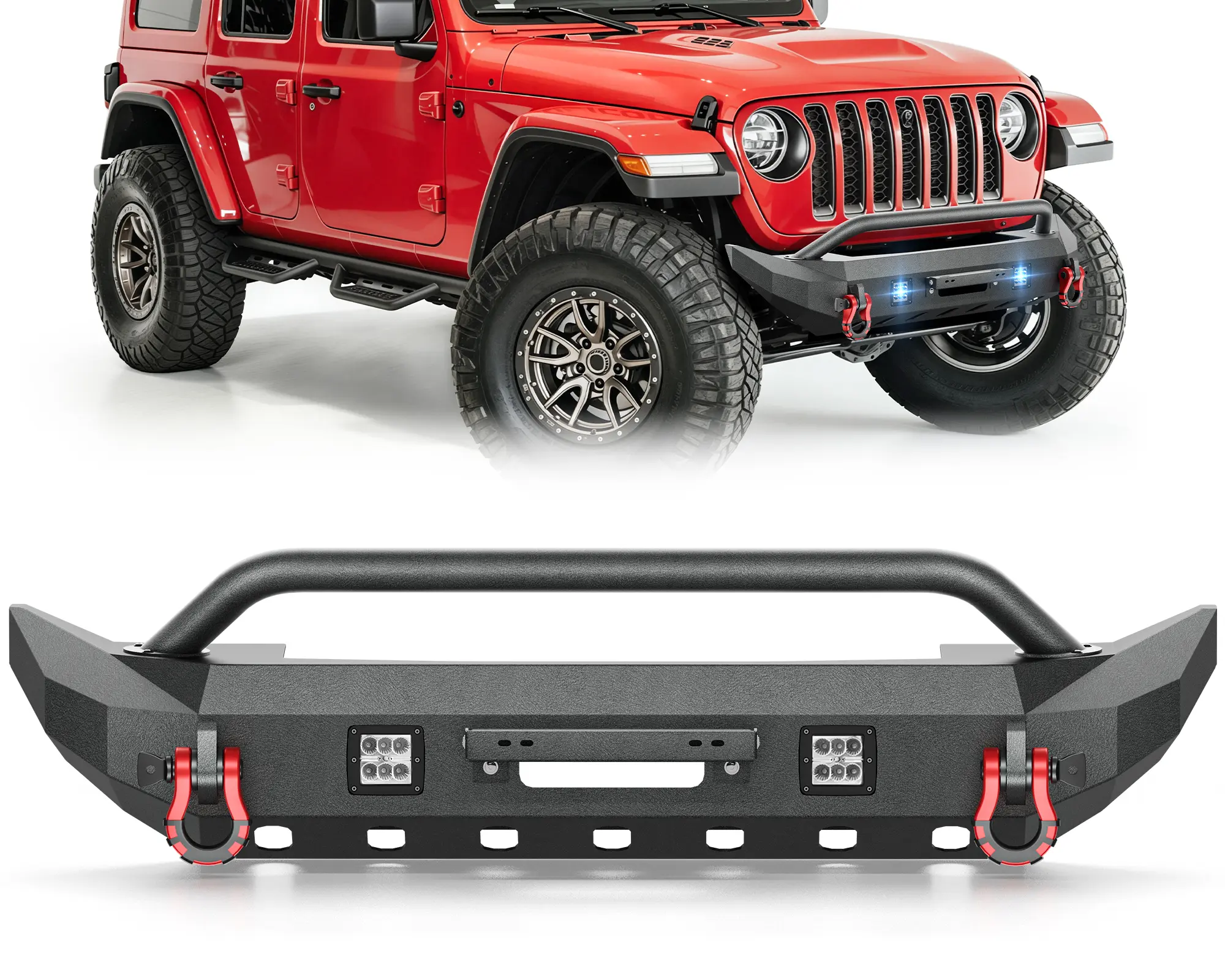 【Yzona】Front Bumpers Compatible with 20-26 Gladiator JT, 18-26 Jeep Wrangler JL with Winch Plate 2 LED Lights D-rings Steel Black