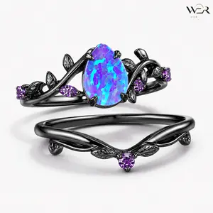 Black Tone Blue Purple Opal Leaf Design Small Amethyst Side Stone Matching Wavy Band Gothic Vintage 2PCS Ring Set for Women Romantic Gift