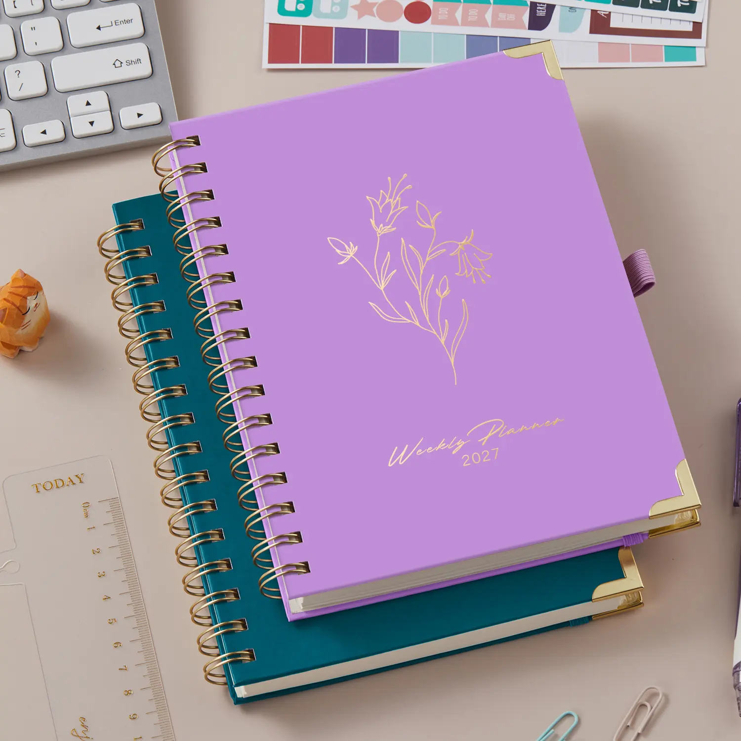 FOCUS DAY 2027 Hardcover Spiral Planner Kit - Jan.2027-Dec.2027 Weekly & Monthly Planner with Printed Layouts, Task Tracking, Sticker Set, To-Do Lists, Notes Pages, 8.4"x6.5", Office School Supplies Organiser