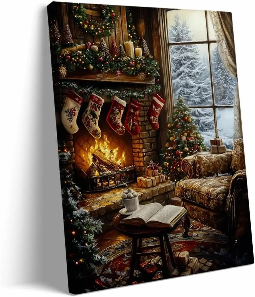 Vintage Christmas Canvas Wall Art – Cozy Winter Reading Decor, Holiday Fireplace Scene Painting, Warm Festive Home Artwork for Book Lovers Living Room or Bedroom