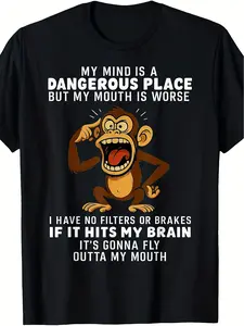 2026 New "My Mind Is A Dangerous Place" Funny Monkey Graphic Men's T-Shirt - Unfiltered Humor Casual Tee