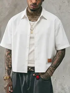 Men's casual shirt, loose-fitting and cropped style, simple yet sophisticated leather logo pattern, lightweight and comfortable fabric, perfect for those who love minimalist style, new summer 2026 collection.