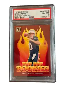 Drake Maye 2024 Donruss Red Hot Rookies Football Rookie Card #RHRDME Graded PSA 8 Cert #123062611