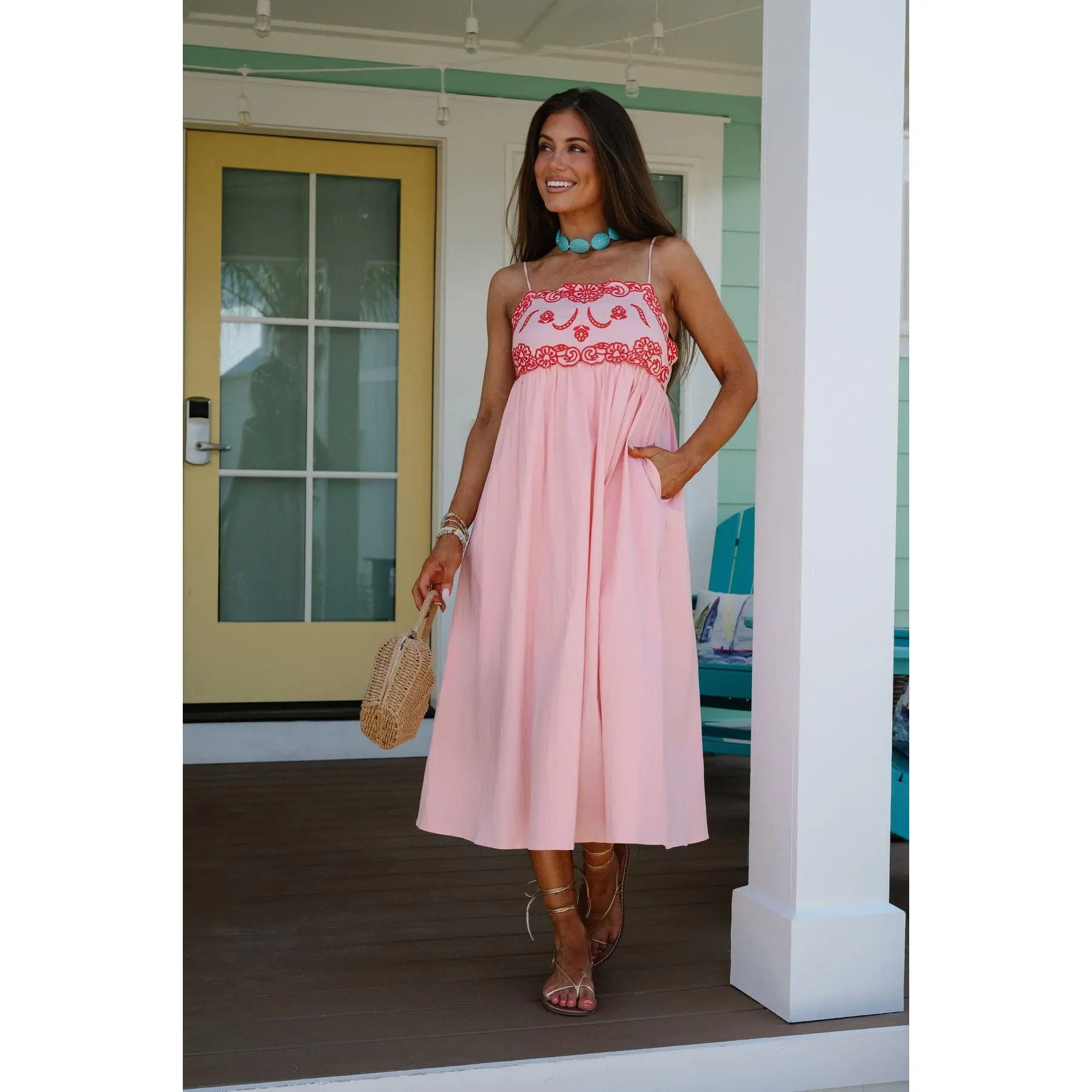 Camellia Embroidered Midi Dress-Baby Pink