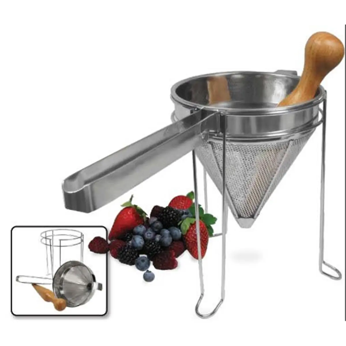 Weston Stainless Steel 2Mm Cone Strainer & Pestle Set, Camp Kitchen Wood Utensils with Fine Mesh Strainer, Outdoor Camping-Hiking Kitchen Accessories