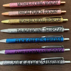 7 Pieces Weekly Theme Glitter Ballpoint Pens, Funny Weekday Vibes Quirky Text Pen Kit, Creative Novelty Ballpoint Pen Set, Durable Educational School Stationery Supplies for Kids Teens Classroom Study Homework Office Memo Writing