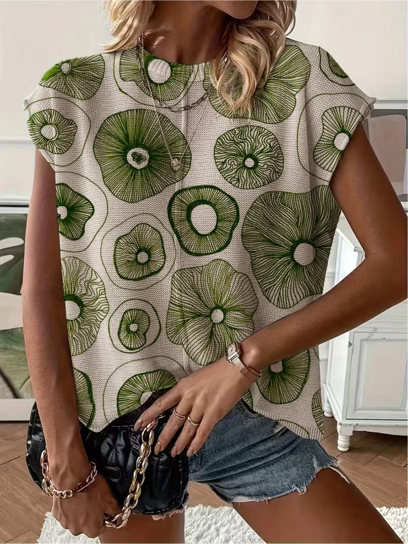 Spring/Summer crew neck drop-shoulder loose fit green print short-sleeve women's knit top, vacation style, casual elegant commute, ladies short-sleeve knit top, bikini cover-up, Beach Cover Up, Swimwear Cover Up