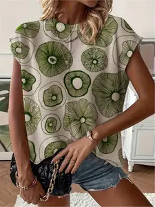 Spring/Summer crew neck drop-shoulder loose fit green print short-sleeve women's knit top, vacation style, casual elegant commute, ladies short-sleeve knit top, bikini cover-up, Beach Cover Up, Swimwear Cover Up