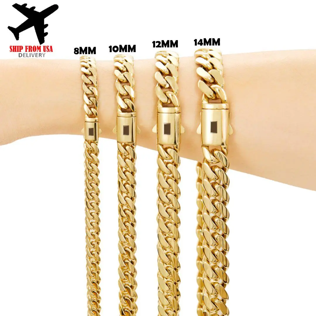 8-14MM Black S Clasp 14K Gold Cuban Link Chain Necklace For Men Chunky Hip Hop Jewelry Stainless Steel Rope Chain