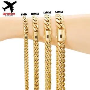 8-14MM Black S Clasp 14K Gold Cuban Link Chain Necklace For Men Chunky Hip Hop Jewelry Stainless Steel Rope Chain