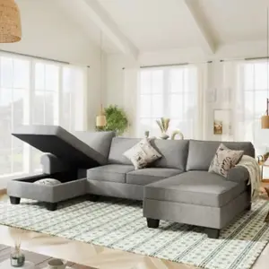 3pcs Chenille Sectional U Shaped Sofa+Double Chaises Rolled Arm w/3 Pillows Grey