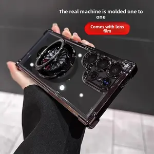 Transparent Armor Case with Airbag Corners & Spinner Stand for Galaxy S24 Ultra/S23/S22+/S21 FE – Slim Shockproof TPU Cover with Built-In Kickstand