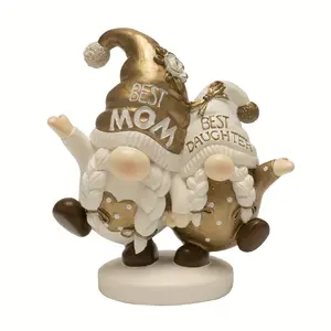 NEULRY Gnome Figurine - Festive Resin Gnome Statue with "BEST MOM" & "BEST DAUGHTEN" Text, Red & Green Santa Hat, Bunny Ears, and Paw Prints, Perfect for Indoor/Outdoor Holiday Decor, Table Centerpiece, or for Family, Gnome Garden Decor