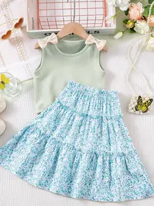 Girls' New Light Sleeveless Ribbed Tank Top, Bow Shoulder Straps, Floral Long Skirt, Cute Style, Ages 3-8