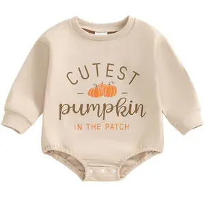 Infant Baby Girl Boy Halloween Outfit Cutest Pumpkin in ths Patch Long Sleeve Sweatshirt Oversized Bubble Romper Newborn Fall Clothes