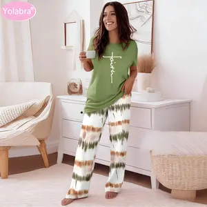 Yolabra Spring Summer Casual Striped Print Two Piece Set Round Neck Short Sleeve Top Wide Leg Long Pants Soft Breathable Fabric Lightweight Comfortable Relaxed Fit Stylish Pattern Daily Wear Home Outdoor Modern Female Apparel High Quality Set