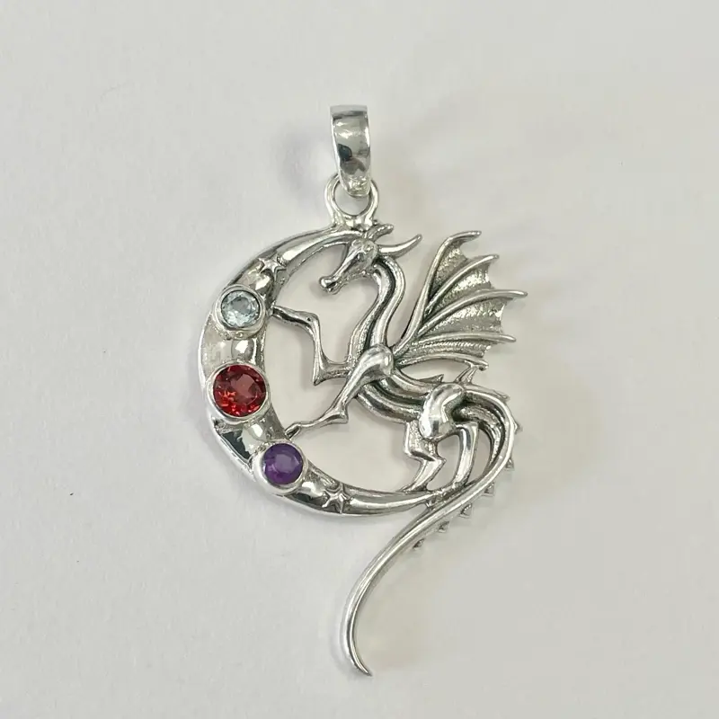 Sterling Silver 925 Multi Gemstone Dragon Moon Pendant