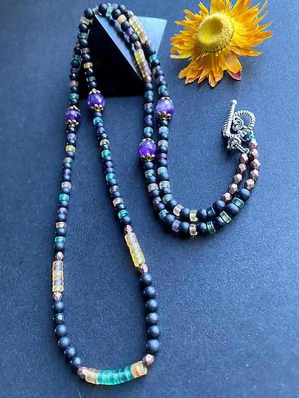 Shungite Long Necklace With Multi Color Fluorite +Amethyst