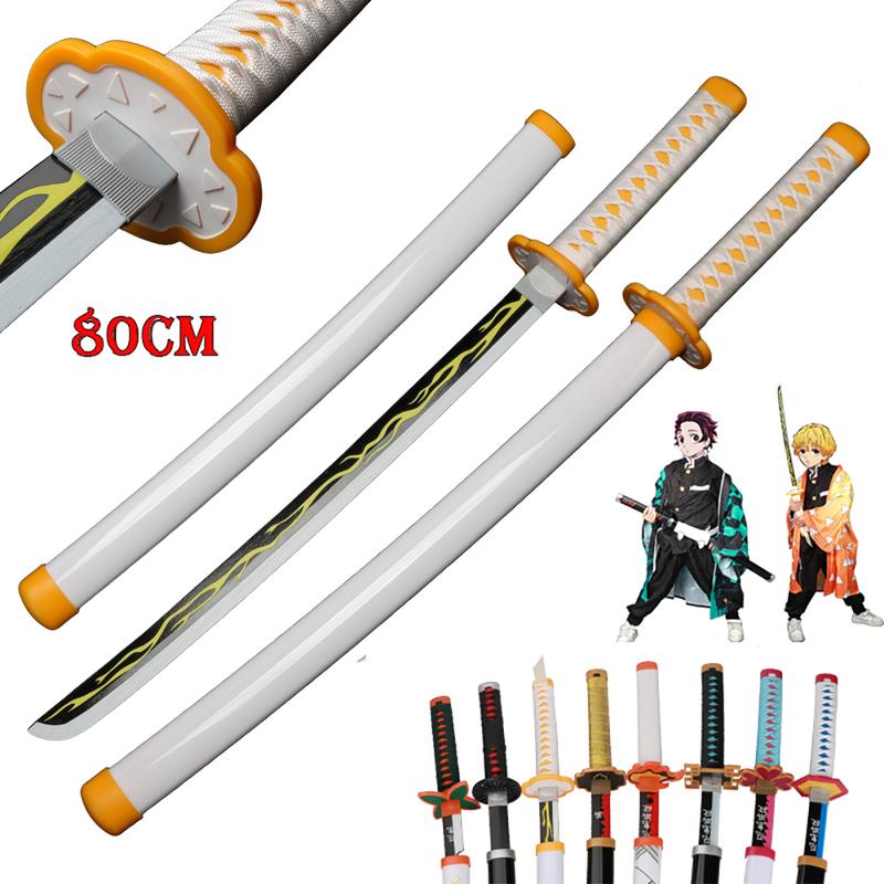 ELERVINO 31 inches Bamboo Wooden Demon Slayer Cosplay Sword Agatsuma Zenitsu Swords with White Belt & Holder Stand Display for Halloween Anime Role Playing Props Cosplay Collection Decoration Christmas Gift Birthday Decoration