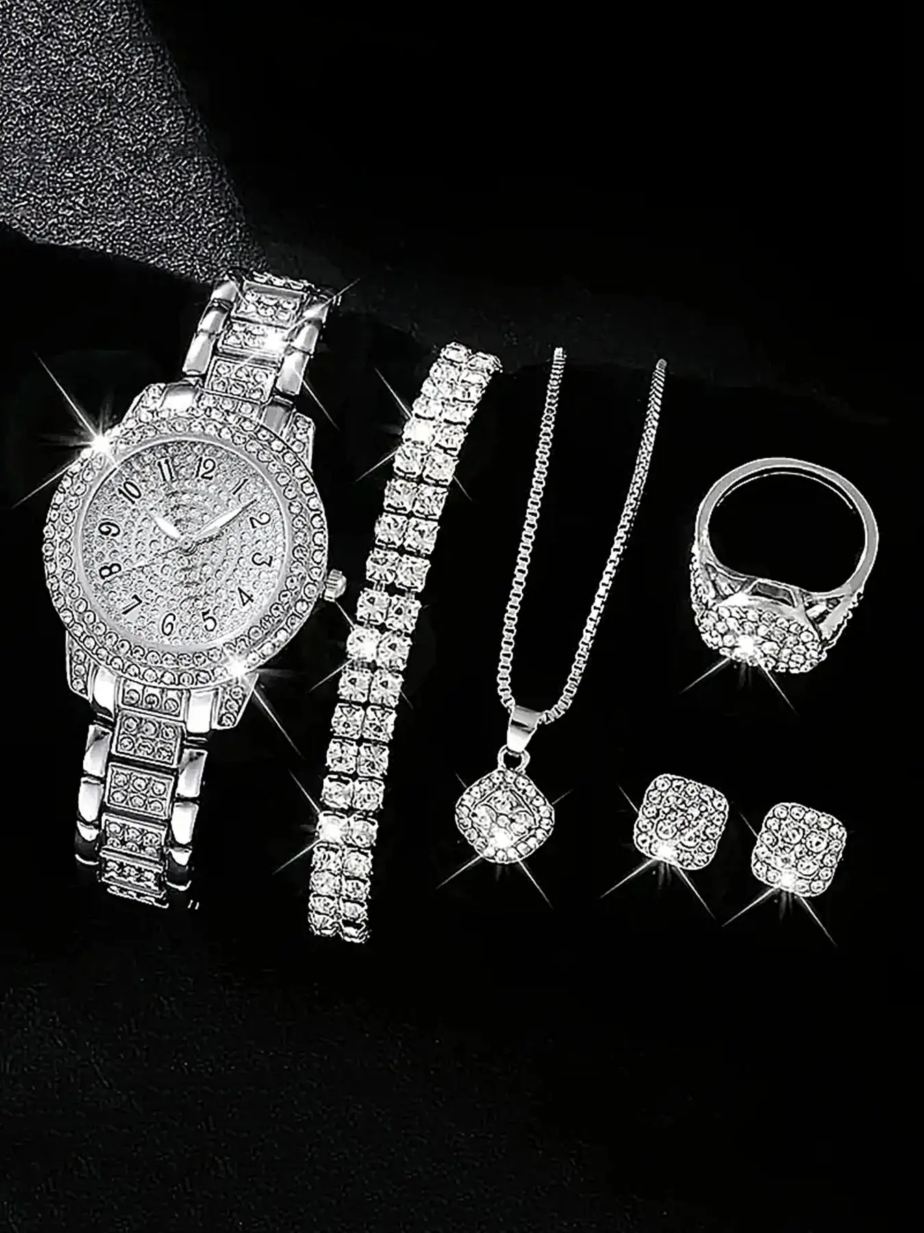 Elegant Quartz Watch & Rhinestone Decorated Ring, Earrings, Necklace & Bracelet, Exquisite Watch Set with Matching Luxury Jewelry As Gift Without Box,