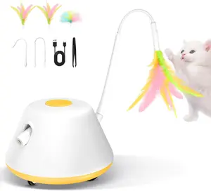 3-in-1 Interactive Cat Toy - Yellow Automatic Toy with 3 Removable Feathers, 3 Speed Play Modes, BPA-Free Plastic, Indoor Exercise Toy