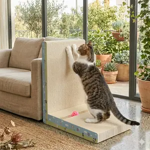 【DealsForYouDays】Premium L-Shaped Cat Scratcher, Natural Non-Toxic Hardened Plant Fiber Cat Scratching Board Vertical, Sturdy Corrugated Cardboard Furniture Shield with Interactive Toy for Indoor Kitty