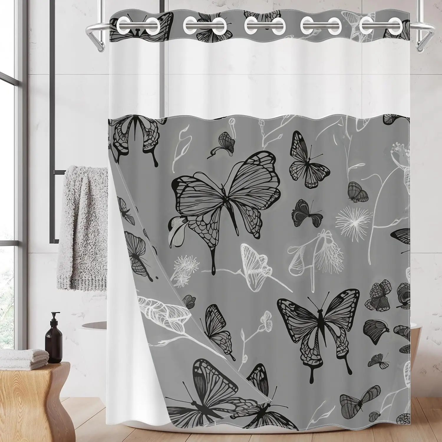1pc hookless shower curtain with buckle lining, spring gray background with black and white butterfly design 2D flat print, fabric waterproof lining, see-through double-layer decorative shower curtain, 71 x 74 inches, modern home draping curtain