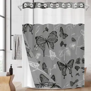 1pc hookless shower curtain with buckle lining, spring gray background with black and white butterfly design 2D flat print, fabric waterproof lining, see-through double-layer shower curtain, 71 x 74 inches, modern home draping curtain.