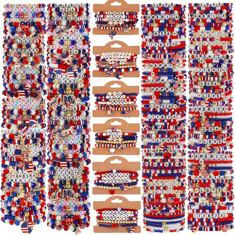 34/44Pcs Bohemian Style Polymer Clay Bracelet Set with Flag Star & Love Pendant Charms - Red Blue White Suitable for Women & Men, 250th Anniversary Gifts for 4th of Parties, Daily Wear Elastic Bands