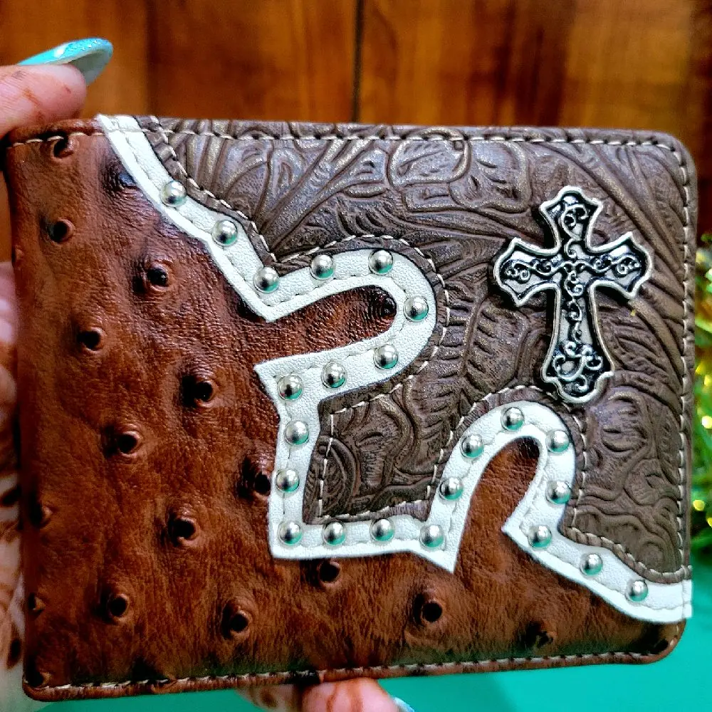 Cross Men's Wallets western-style concho wallet bi-fold short texas style wallet faux leather brown