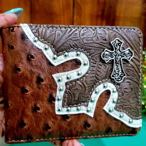 Cross Men's Wallets western-style concho wallet bi-fold short texas style wallet faux leather brown
