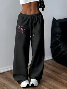 Trending Y2K Coquette Pink Bow Graphic Wide Leg Sweatpants for Women - High Waist Drawstring Casual Streetwear Pants - Soft Comfy Lounge Trousers - Aesthetic Fashion Baggy Bottoms for Daily Wear, Street Style & TikTok Outfits