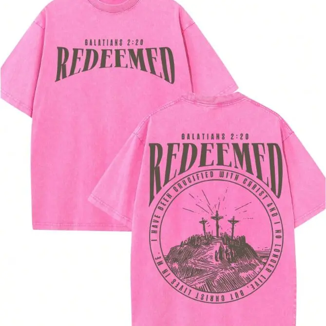 Women's Plus Size 100% Pure Cotton Casual Style Tee - Shortsleeve Round Neck Top, Retro Hip-Hop Streetwear, "Redemption Christianity" Double-Sided Print, Neutral Sports Shirt, Ideal Gift Choice